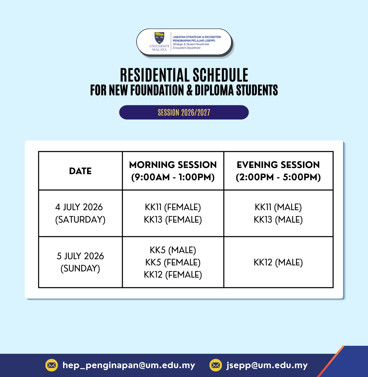 Residential check-in schedule for new Foundation and Diploma students