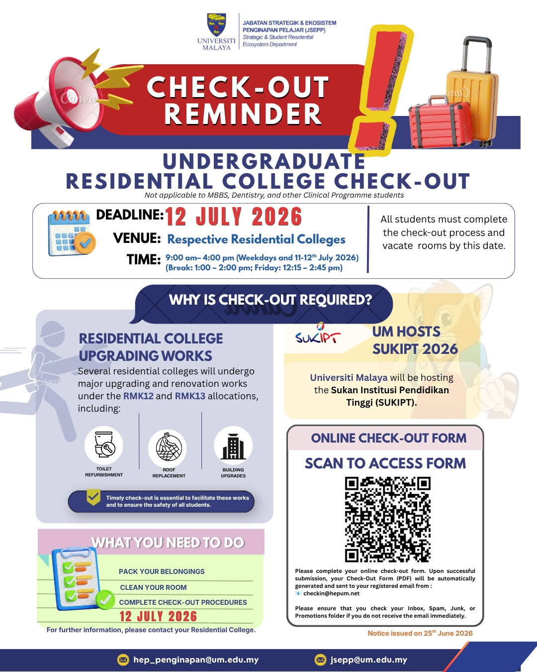 Residential College Check-Out Notice for Undergraduate Students Before 12 July 2026